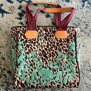 CONSUELA Bettie Classic Tote - leopard print, sugar skull pocket EUC